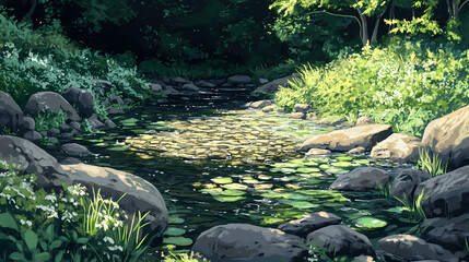 Crystal clear stream. Rivulet. Illustration
