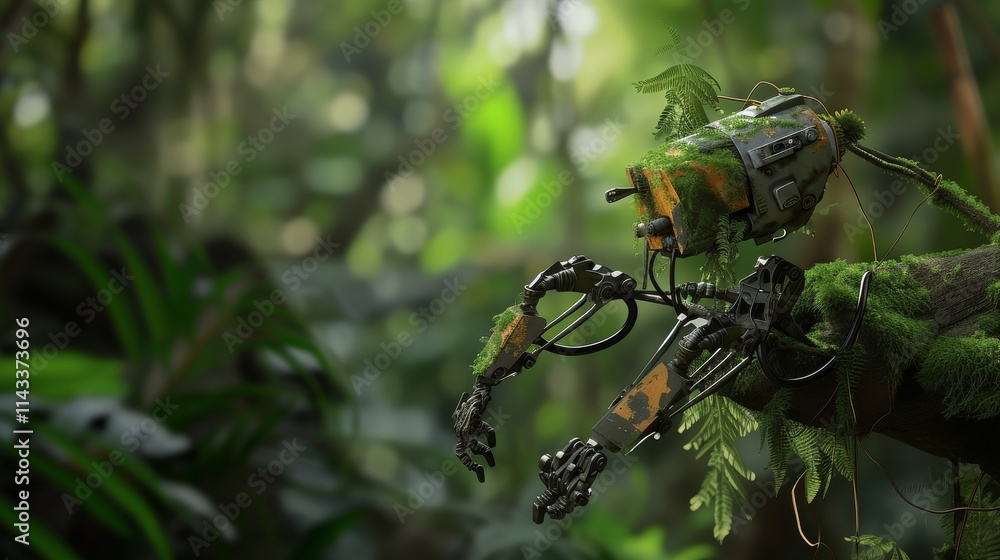 Poster ai-generated image of a robotic torso covered with moss and vines resting on a tree branch in a vibr