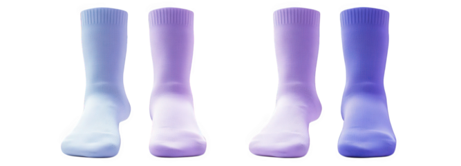 four pairs of colorful socks in various shades of blue and purple on a transparent background