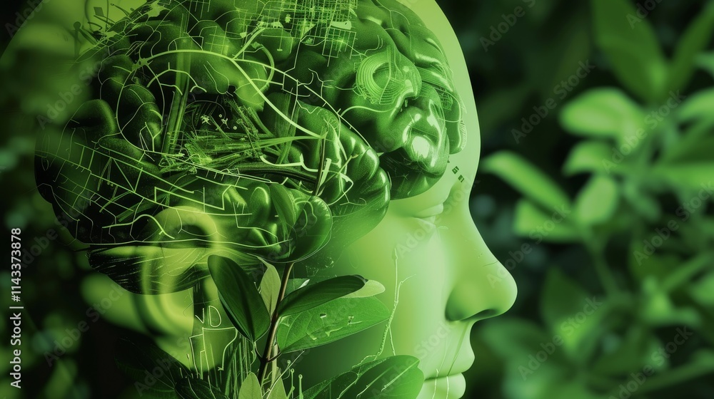 Poster a conceptual visual showcasing the integration of artificial intelligence and nature. features a hum