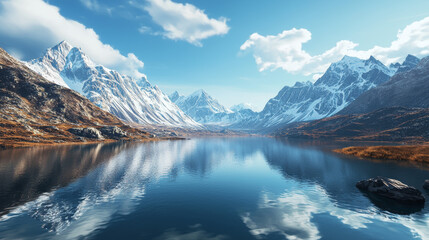 Serene Alpine Lake with Snow-Capped Mountains and Reflections Under a Clear Blue Sky