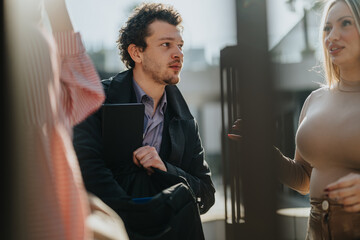 A diverse group of young adults enjoys a lively conversation outside, showcasing urban professional life. The interaction suggests networking, collaboration, and friendship in a modern city setting.