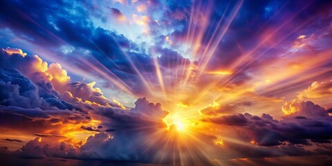 Fototapeta premium A Radiant Burst of Golden Light Pierces Through a Sky of Crimson, Azure, and Violet Hues, Painting the Heavens with Vivid Colors