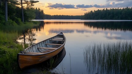 Obraz premium Canoe on a serene lake at sunset. Concept of tranquility, peace, and outdoor recreation.