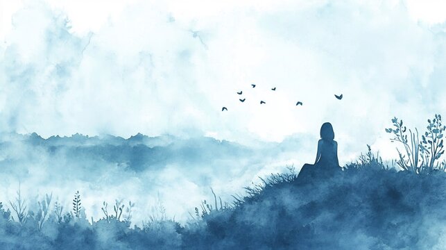 A serene woman sits atop a misty mountain range, surrounded by nature. 
