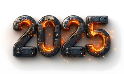 Metallic '2025' text with glowing orange fire inside on white background.