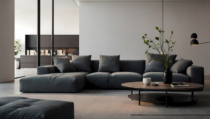 Modern Living Room with Dark Gray Sectional Sofa and Coffee Table