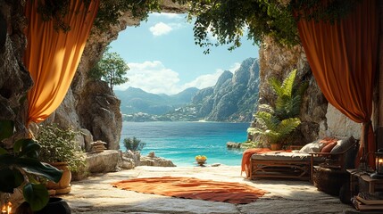 Fototapeta premium Mediterranean Cave Oasis: Serene Coastal Escape