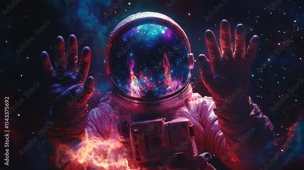 Poster an astronaut reaches out with a cosmic background, symbolizing exploration and wonder.