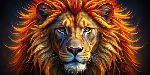 Naklejka premium A majestic lion with a fiery mane, its amber eyes radiating power and wisdom, a symbol of strength and resilience.