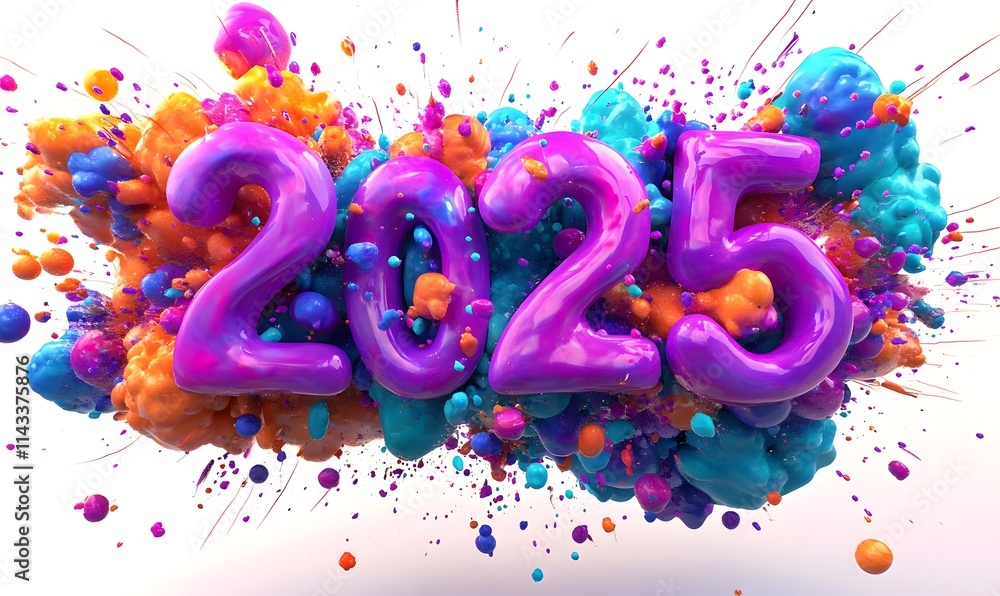 Poster colorful 2025 text with exploding paint.