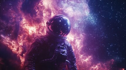 Fototapeta premium An astronaut in a vibrant cosmic scene filled with nebulae and stars.