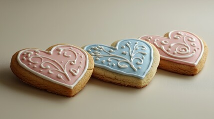 Heart-shaped cookies: Decorative cookies with royal icing designs, neatly displayed on a plain beige surface for a high-focus view
