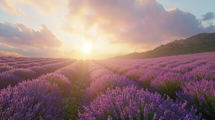 Obraz premium Lavender Fields at Sunrise with Golden Light and Rolling Hills