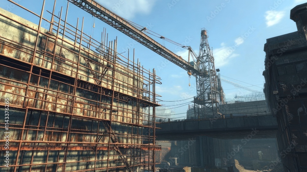 Poster an industrial scene featuring a construction site with cranes and rusted structures.
