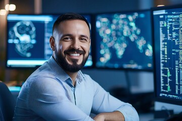 Confident Cybersecurity Analyst Working at Security Center Displays Soft Cinematic Portrait