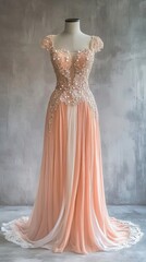 Fototapeta premium Elegant Peach Gown With Delicate Lace And Pearl Embellishments