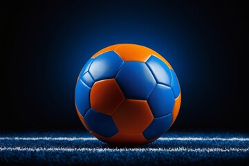 Fototapeta premium a close up of a soccer ball on a field with a blue background