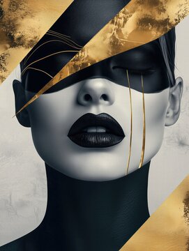 Surreal Minimalist Portrait of a Woman with Black Lips, Gold Accents, and Abstract Geometric Design