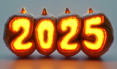Glowing 2025 year carved on four pumpkins.