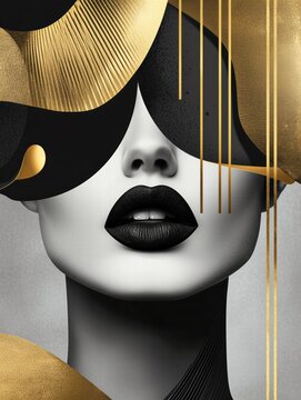 Abstract Portrait of a Woman with Black Lips, Geometric Gold Accents, and Modern Minimalist Design