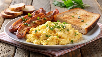 A Rustic Plate of Scrambled Eggs, Crispy Bacon, and Buttered Toast, Garnished with Fresh Parsley and Chives, Served on a Checkered Napkin