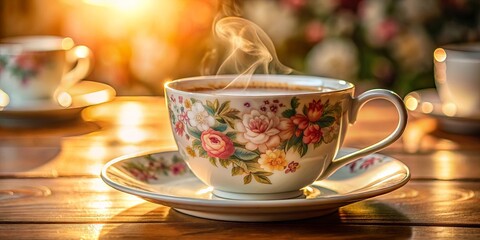 Fototapeta premium A porcelain teacup adorned with delicate floral patterns, emitting warm steam, rests upon a matching saucer on a rustic wooden surface, bathed in the golden glow of the afternoon sun.