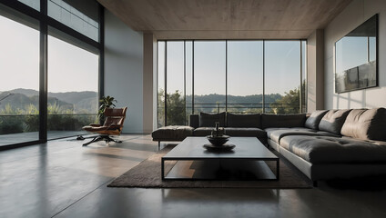 Fototapeta premium Modern Living Room Interior with Sectional Sofa and Scenic View