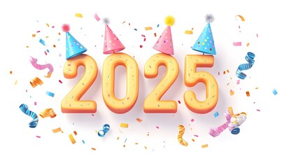 Fototapeta premium 2025 with party hats and confetti on white.