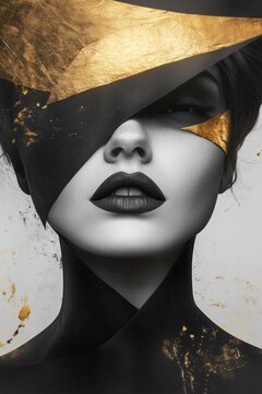 Abstract Portrait of a Woman with Bold Black Lips and Gold Splashes in Minimalist Monochrome Style