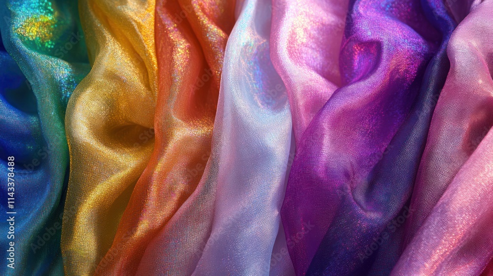 Poster colorful, shimmering fabrics arranged in waves, showcasing a spectrum of hues and textures.