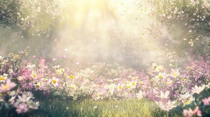 Obraz premium Radiant Meadow with Colorful Wildflowers and Soft Sunlight Glow
