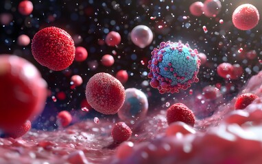 Microscopic view of virus and blood cells.