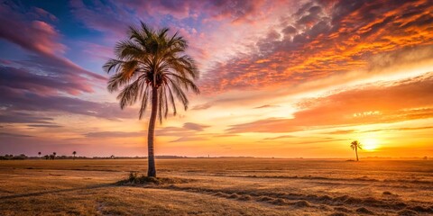 A solitary palm tree stands tall against a backdrop of a vibrant sunset, casting long shadows across a vast, golden field.