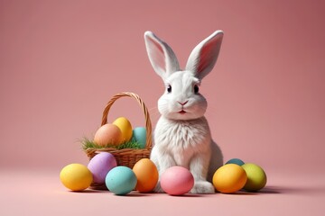 Fototapeta premium there is a white rabbit sitting next to a basket of eggs