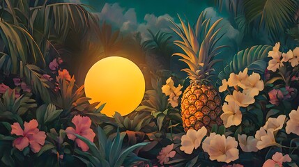 Tropical Pineapple Scene Illuminated By A Warm Orb