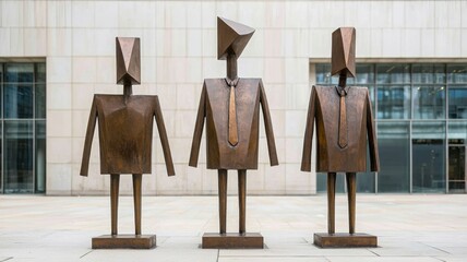 Three abstract bronze sculptures with geometric shapes and suits.