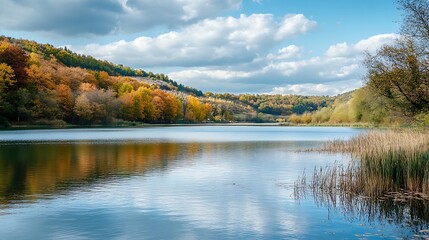 Autumn lake landscape with colorful trees. Tranquil nature scene.
