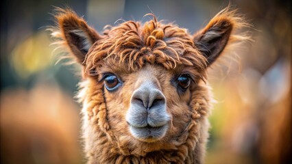 Fototapeta premium A curious alpaca with soft brown fur and captivating eyes gazes directly at the camera, its fluffy coat blending seamlessly with the warm autumn colors of the surrounding landscape.