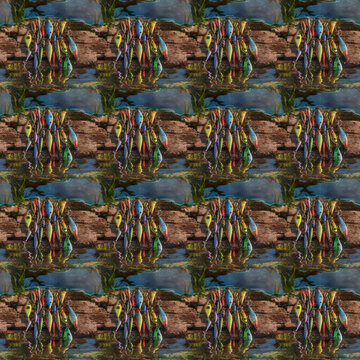 Abstract fisherman's anglers dream lures on the dock design for background wallpaper gift wrap paper cards posters fun illustration 