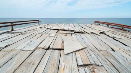 Weathered wooden pier extending over calm water under a cloudy sky.