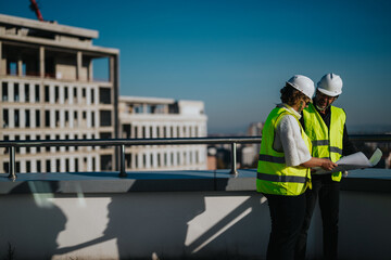 Two architects wearing safety vests and helmets review blueprints on a rooftop with a building...