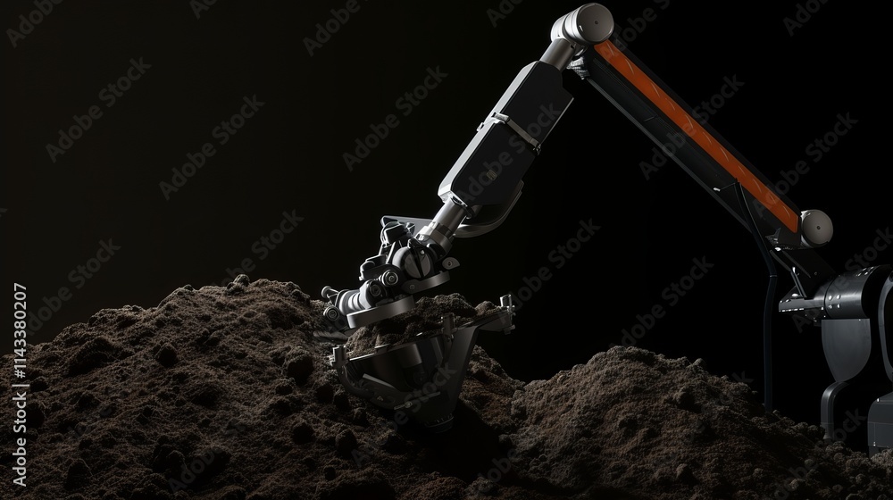 Poster a close-up of a robotic arm digging into soil, showcasing precision robotics in an industrial, dimly