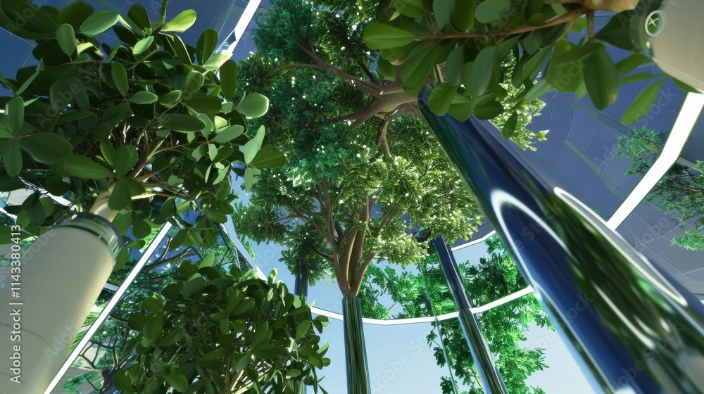 Poster a striking view of an innovative tree-based canopy designed for futuristic urban environments, blend