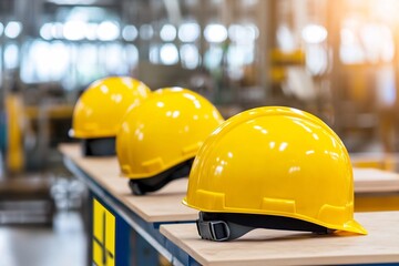 Modern Industrial Workspace with Clear Safety Signage and Bright Yellow Helmets in Focus