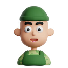 3D cartoon character of male soldier wearing a bulletproof vest and helmet isolated on transparent background. Military avatar icon.