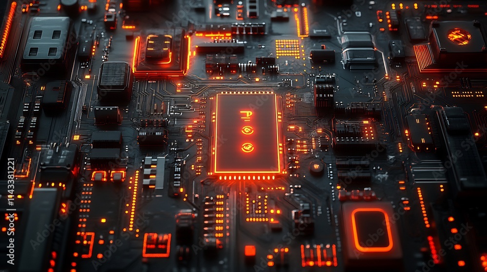 Aufkleber close-up of a circuit board with glowing components.