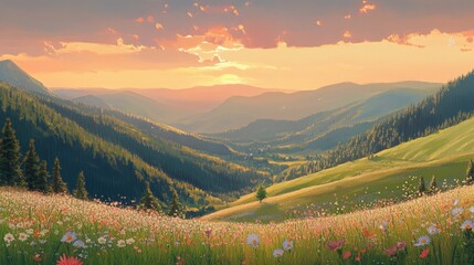 Obraz premium Serene Sunset Over Lush Valley with Colorful Wildflowers