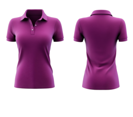a purple women's polo shirt is presented on a transparent background. showcasing both the front and back views the shirt features a classic collar. short sleeves. and a button closure