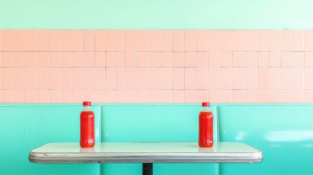 Vibrant retro-style diner table with red bottles against colorful walls.